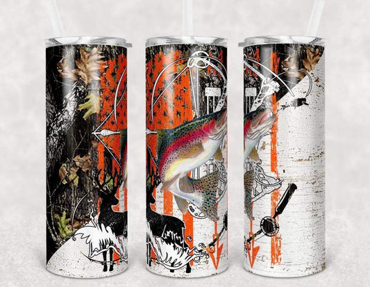 Orange Black and Camo Fish - 20 oz or 30oz Skinny Tumblers w/ Lid and Metal Straw