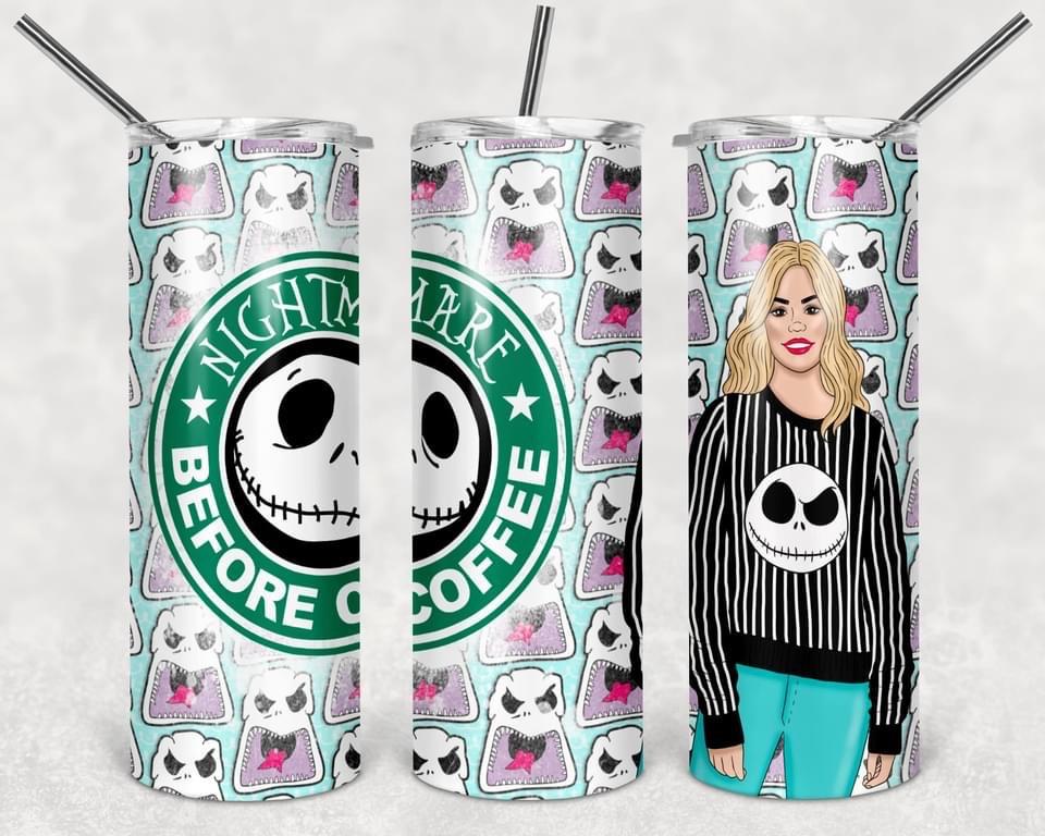 Nightmare Before Coffee- 20oz or 30oz Skinny Tumblers w/ Lid and Metal Straw