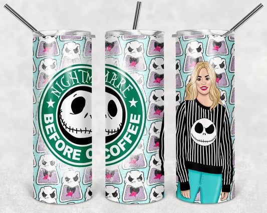 Nightmare Before Coffee- 20oz or 30oz Skinny Tumblers w/ Lid and Metal Straw