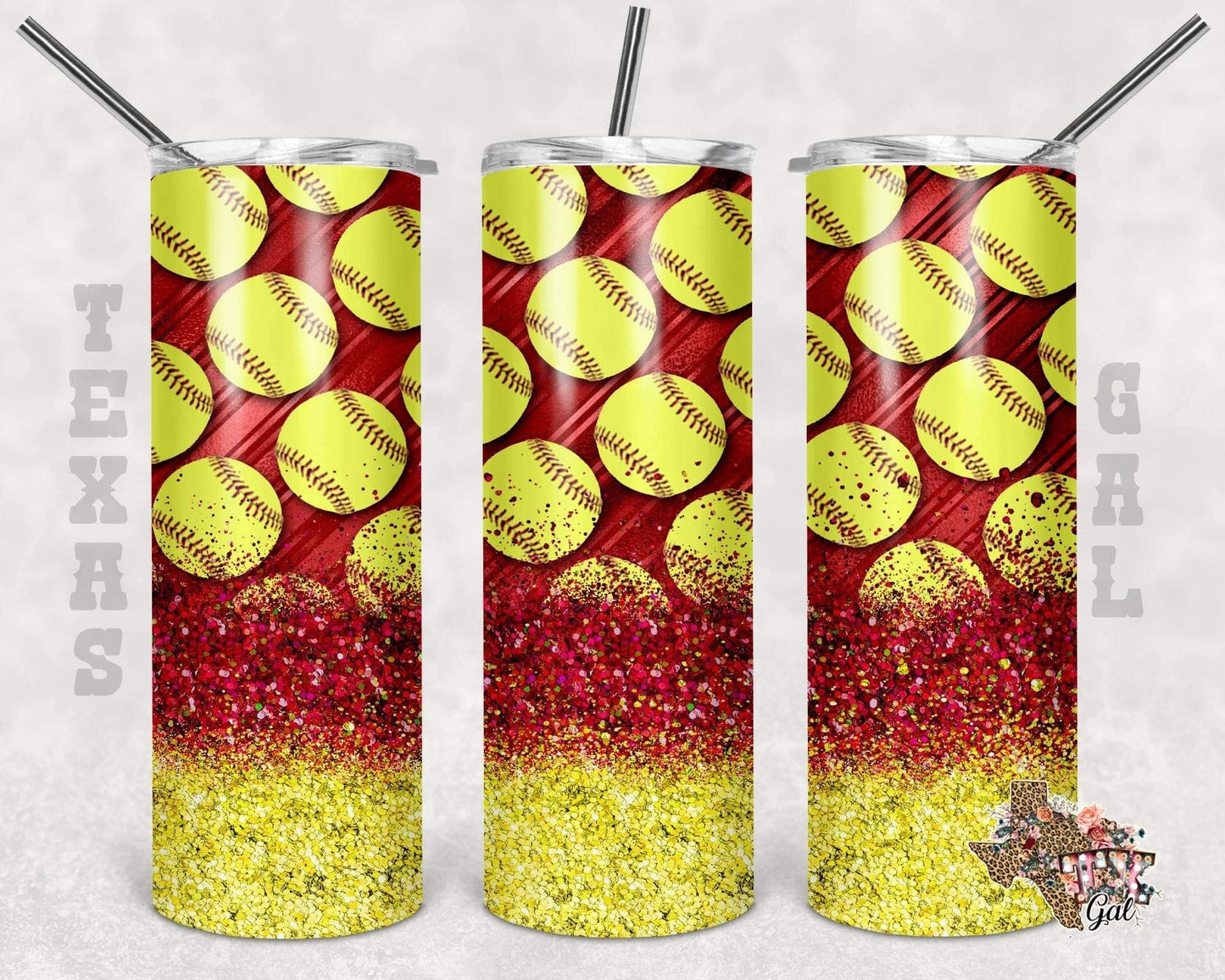Glitter Ombré Softball- 20oz or 30oz Skinny Tumblers w/ Lid and Metal Straw