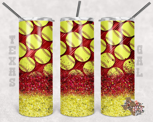 Glitter Ombré Softball- 20oz or 30oz Skinny Tumblers w/ Lid and Metal Straw