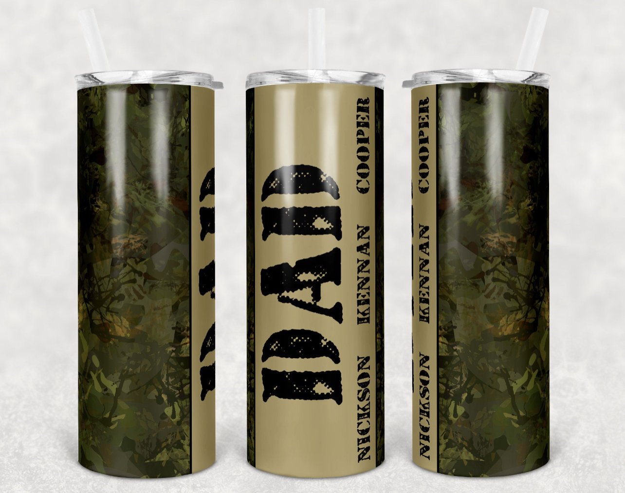 Camo Dad with kids names 20 oz Skinny Tumblers w/ Lid and Metal Straw