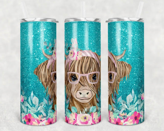 Colorful Glasses Cow Animal - 20 oz or 30oz Skinny Tumblers w/ Lid and Metal Straw
