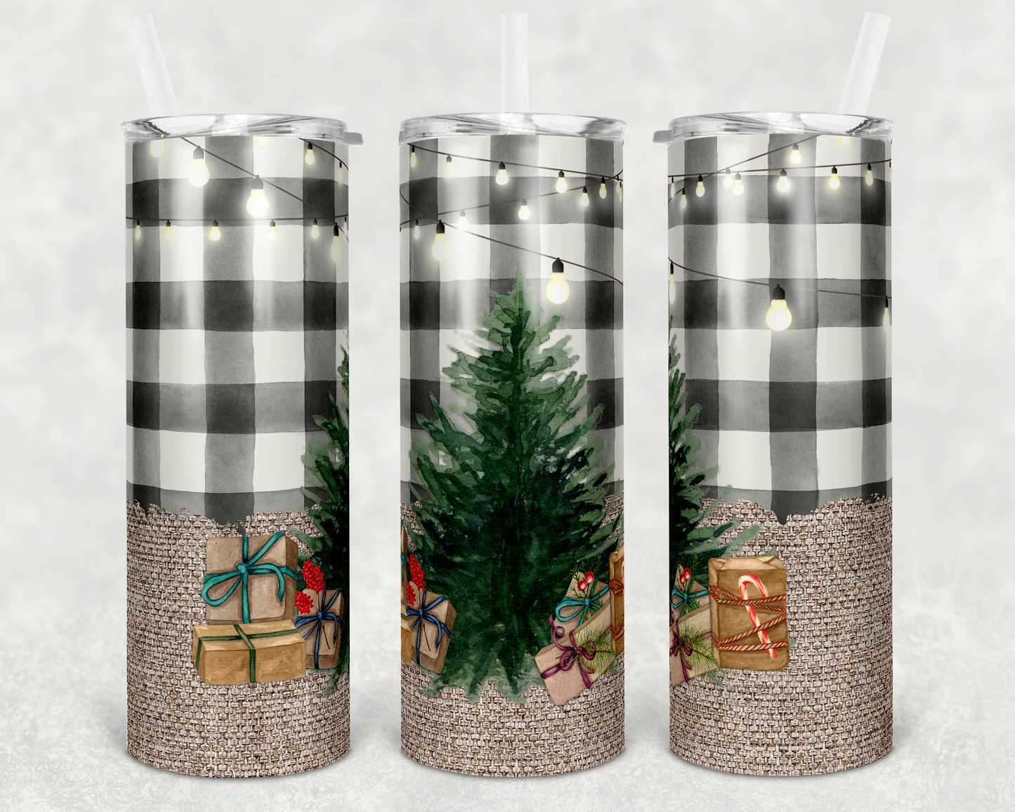 B&W Plaid Xmas Tree- 20 oz or 30oz Skinny Tumblers w/ Lid and Metal Straw