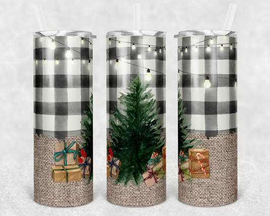 B&W Plaid Xmas Tree- 20 oz or 30oz Skinny Tumblers w/ Lid and Metal Straw