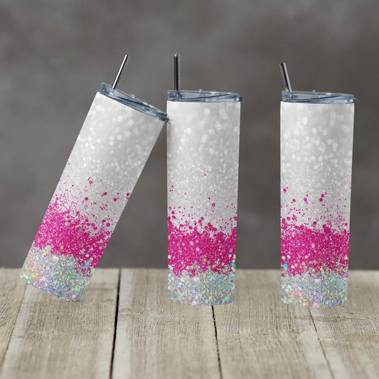Pink & White Glitter- 20 oz or 30oz Skinny Tumblers w/ Lid and Metal Straw