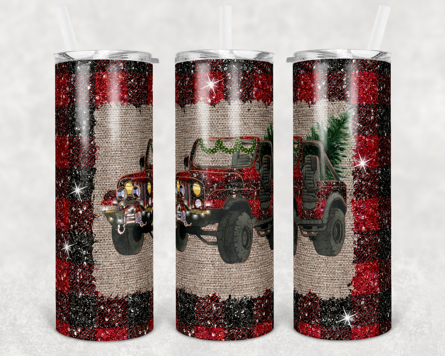 Red Plaid Jeep- 20 oz or 30oz Skinny Tumblers w/ Lid and Metal Straw