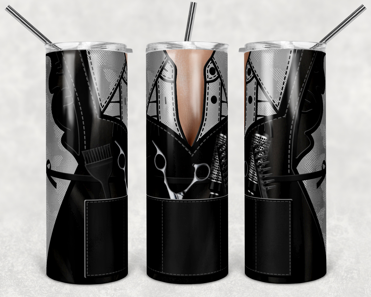 Dark Gray Hair Apron - 20oz or 30oz Skinny Tumblers w/ Lid and Metal Straw