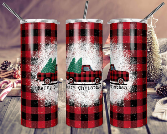 Red Merry Xmas Plaid Truck- 20 oz or 30oz Skinny Tumblers w/ Lid and Metal Straw