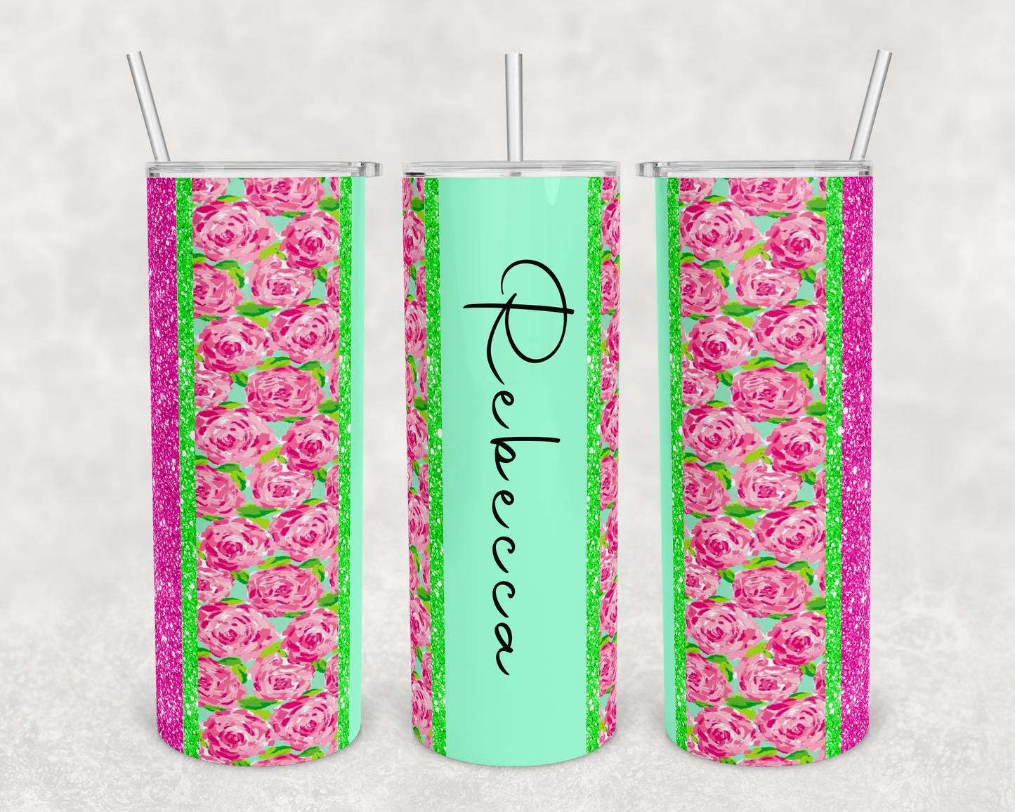 Glitter , Teal , Pink Roses I - 20 oz or 30oz Skinny Tumblers w/ Lid and Metal Straw