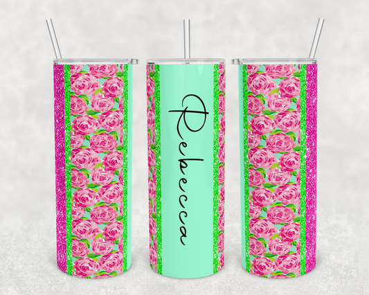 Glitter , Teal , Pink Roses I - 20 oz or 30oz Skinny Tumblers w/ Lid and Metal Straw