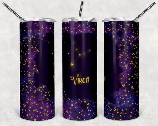 Virgo Purple & Gold Zodiac - 20oz or 30oz Skinny Tumblers w/ Lid and Metal Straw