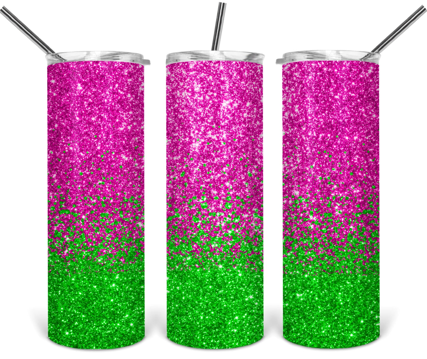 Pink and Green Glitter Ombré - 20oz or 30oz Skinny Tumblers w/ Lid and Metal Straw