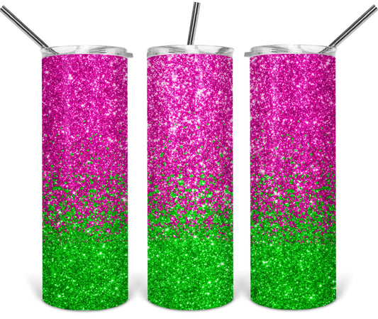 Pink and Green Glitter Ombré - 20oz or 30oz Skinny Tumblers w/ Lid and Metal Straw