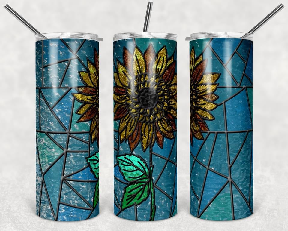 Stained Glass  Sunflower - 20 oz or 30oz Skinny Tumblers w/ Lid and Metal Straw