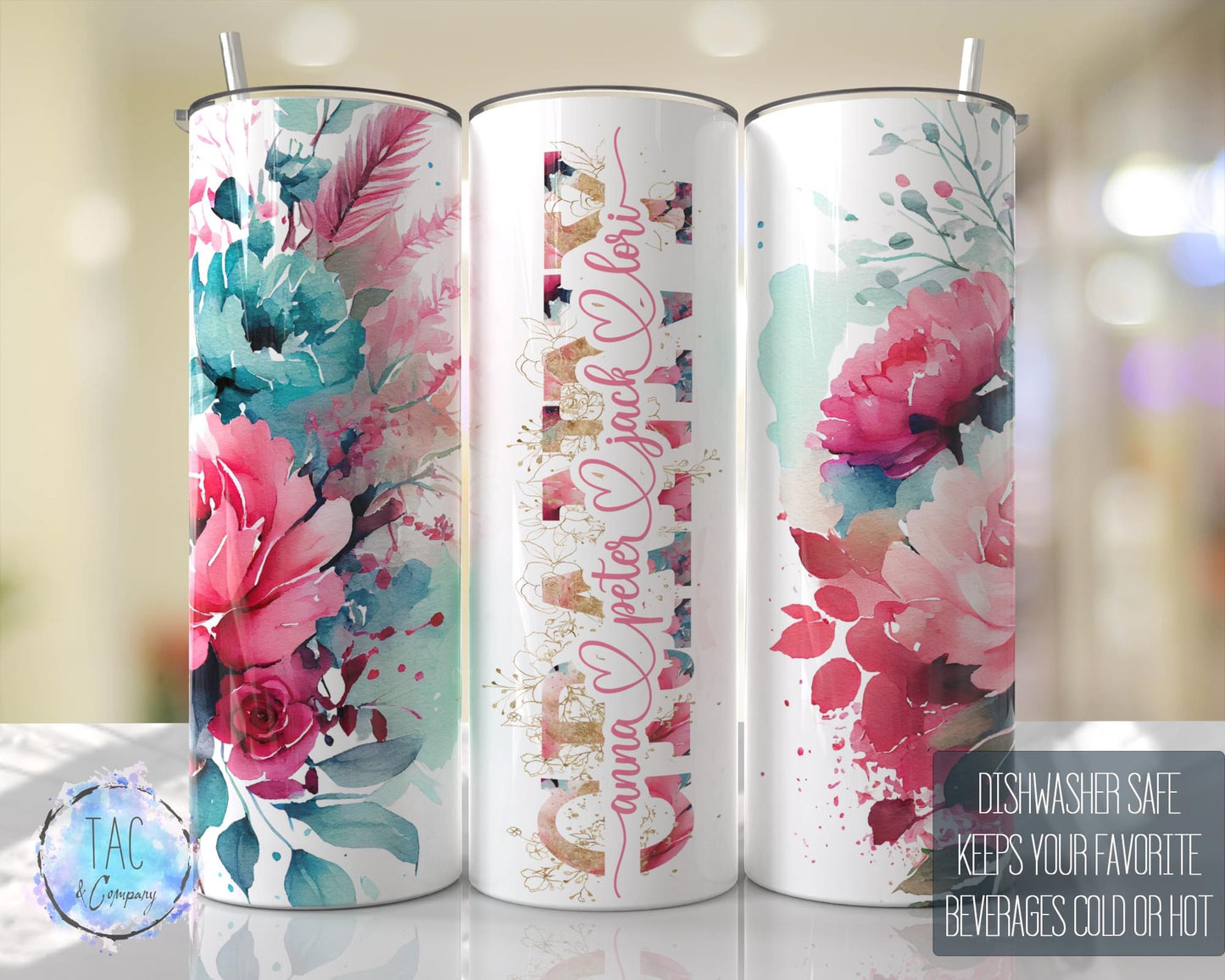 Granny Split Hot Pink Floral Full Wrap -20oz or 30oz Skinny Tumblers w/ Lid and Metal Straw