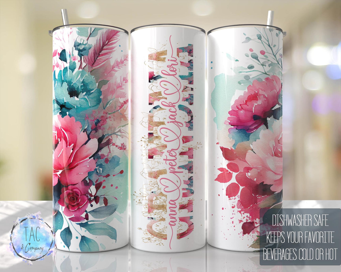 Grandma Split Hot Pink Floral Full Wrap -20oz or 30oz Skinny Tumblers w/ Lid and Metal Straw