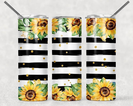 Striped Sunflower- 20oz or 30oz Skinny Tumblers w/ Lid and Metal Straw