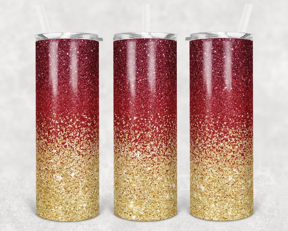 Burgundy and Gold Glitter - 20 oz or 30oz Skinny Tumblers w/ Lid and Metal Straw