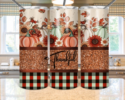 Sparkly Pumpkin Thankful - 20oz or 30oz Skinny Tumblers w/ Lid and Metal Straw