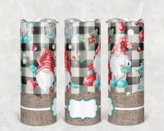 White and Black Xmas Gnome- 20 oz or 30oz Skinny Tumblers w/ Lid and Metal Straw