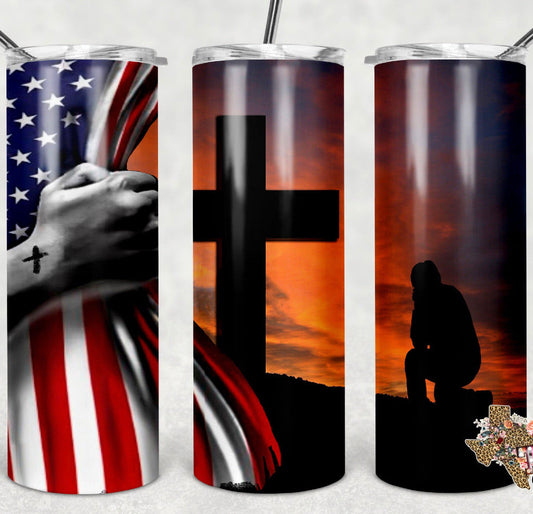 American Flag Cross- 20oz or 30oz Skinny Tumblers w/ Lid and Metal Straw