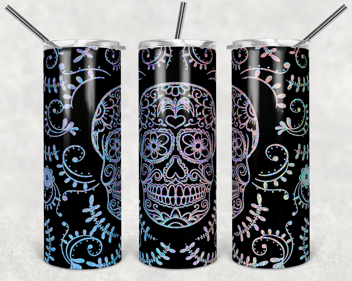Sugar Skull Pastel -  20oz or 30oz Skinny Tumblers w/ Lid and Metal Straw