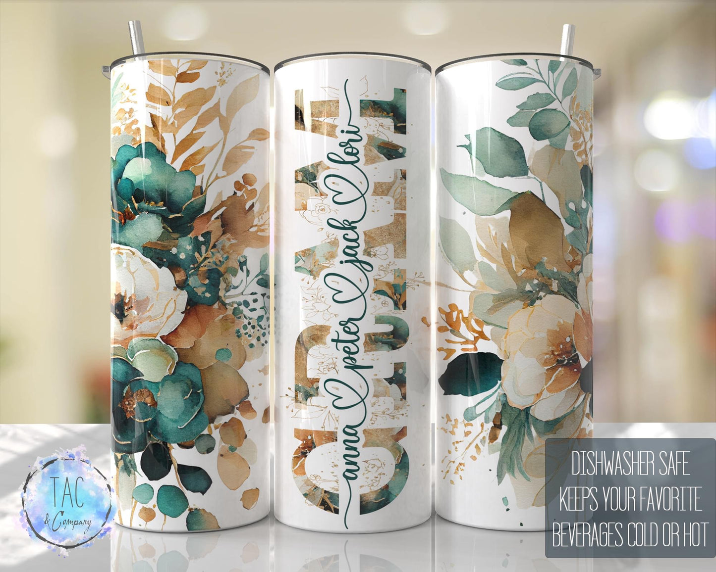 Gram split Emerald Floral -20oz or 30oz Skinny Tumblers w/ Lid and Metal Straw