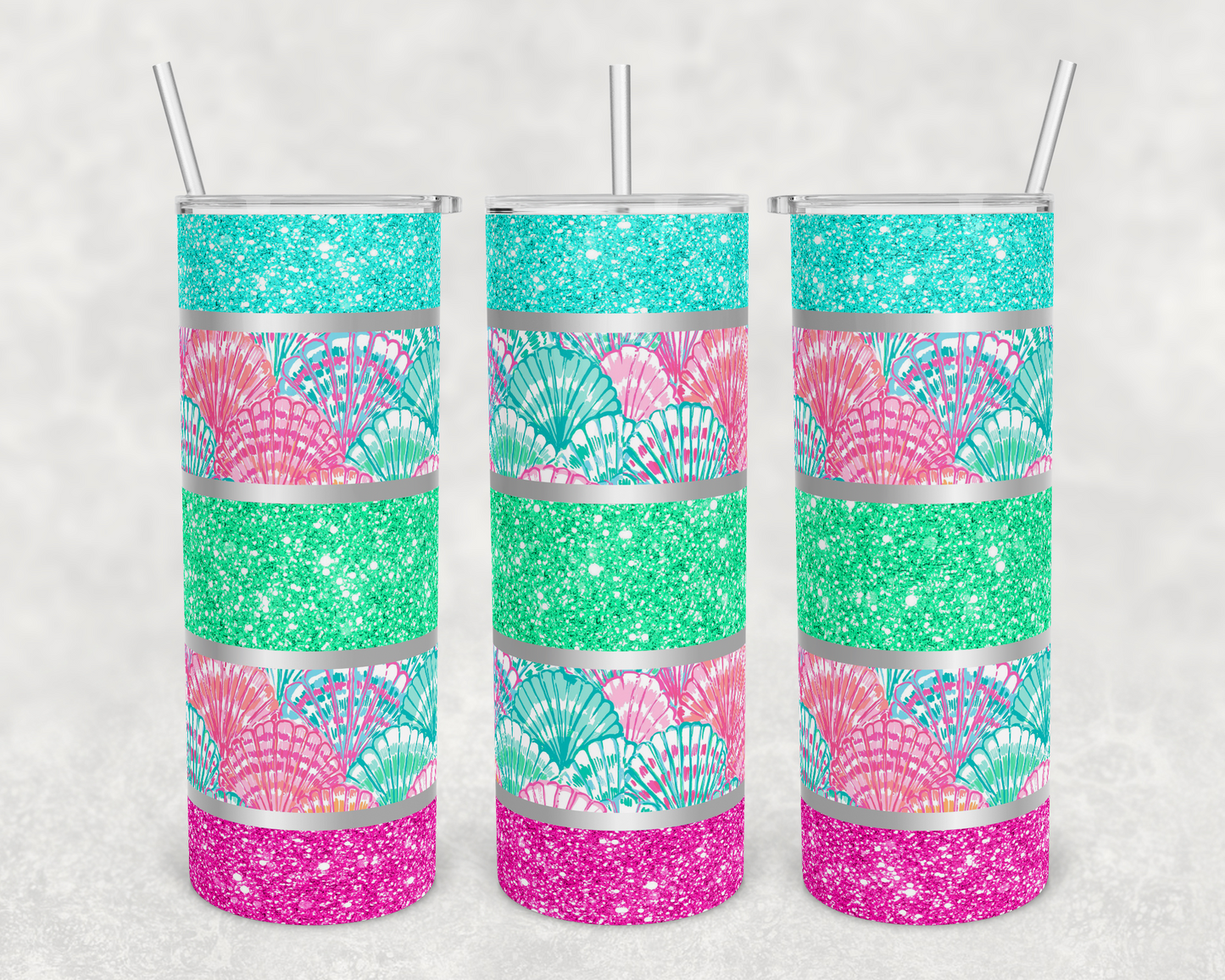 Glitter , Teal , Pink SeaShells-20 oz or 30oz Skinny Tumblers w/ Lid and Metal Straw