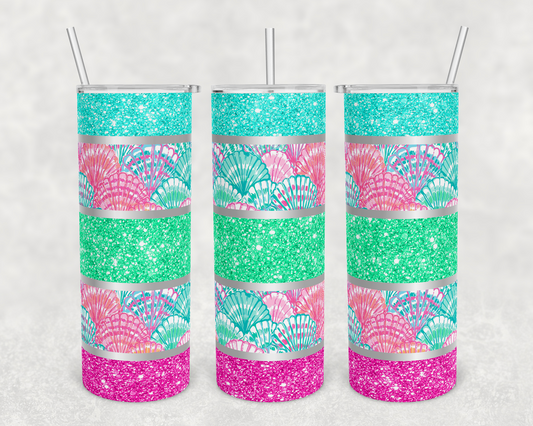 Glitter , Teal , Pink SeaShells-20 oz or 30oz Skinny Tumblers w/ Lid and Metal Straw