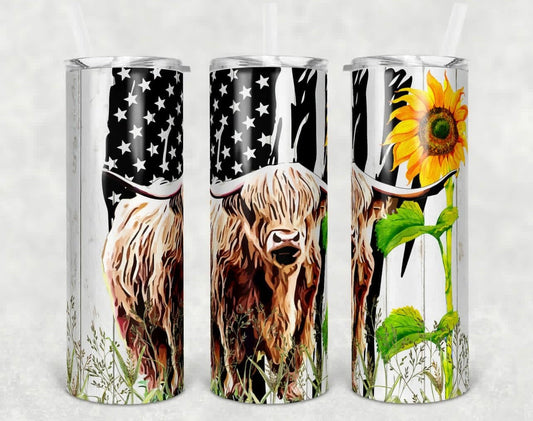 American Flag Cow Animal - 20 oz or 30oz Skinny Tumblers w/ Lid and Metal Straw
