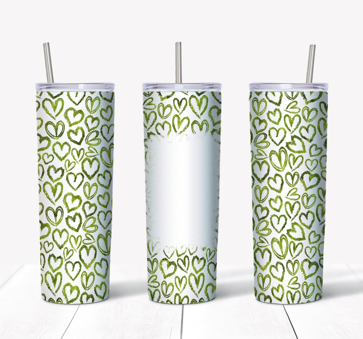 Green Hearts w/ Picture- 20oz or 30oz Skinny Tumblers w/ Lid and Metal Straw