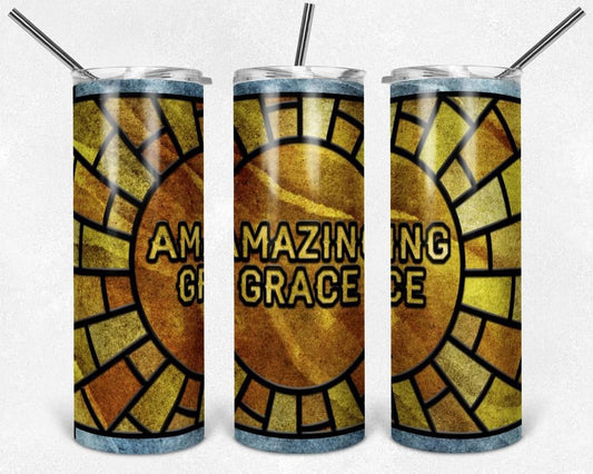 Stained Glass Amazing Grace - 20 oz or 30oz Skinny Tumblers w/ Lid and Metal Straw