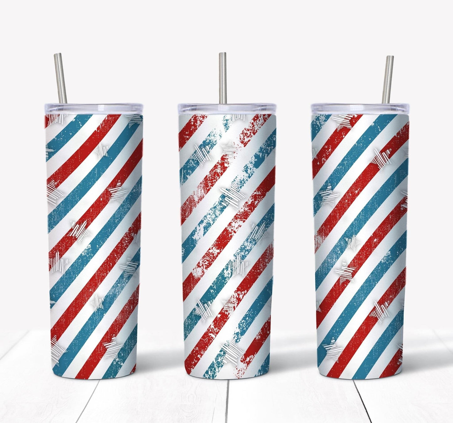 Red White & Blue Stripe- 20oz or 30oz Skinny Tumblers w/ Lid and Metal Straw