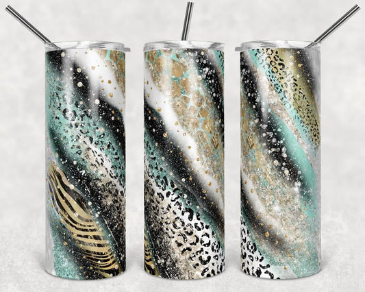 Glitter Cheetah Stripe Effect- 20oz or 30oz Skinny Tumblers w/ Lid and Metal Straw