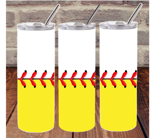 White and Yellow Sodtball - 20 oz Skinny Tumblers w/ Lid and Metal Straw '