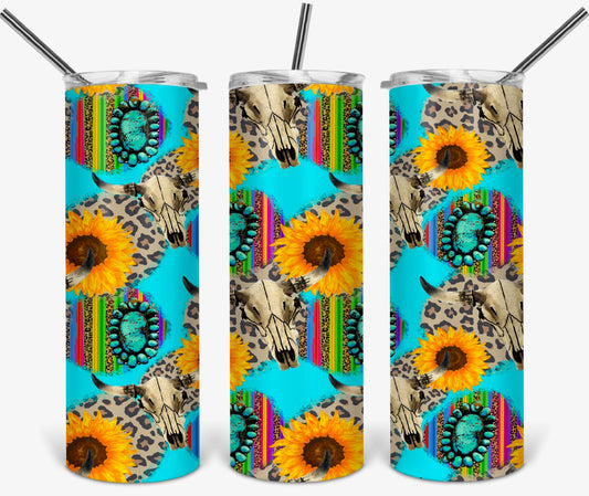 Sunflower Skulls in Teal - 20oz or 30oz as Skinny Tumblers w/ Lid and Metal Straw