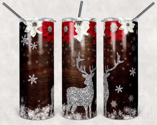 Christmas Reindeer Silver Snowflakes - 20oz or 30oz Skinny Tumblers w/ Lid and Metal Straw