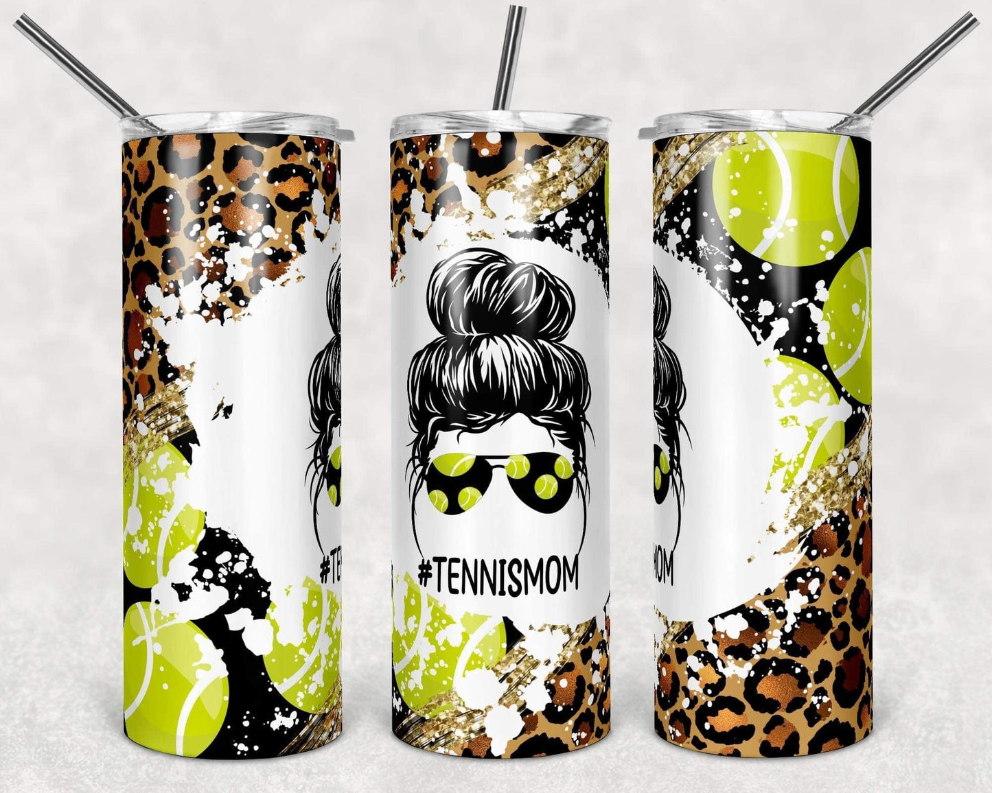 Tennis Cheetah Mom - 20oz or 30oz Skinny Tumblers w/ Lid and Metal Straw