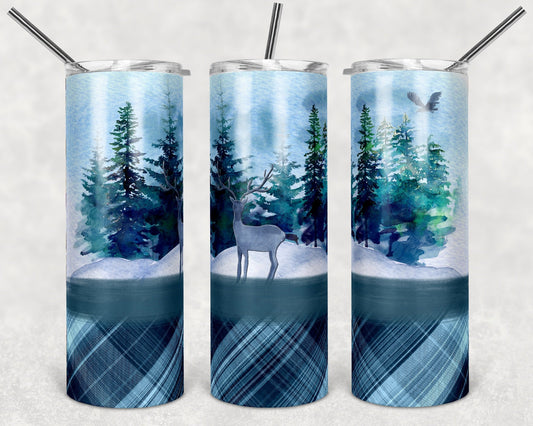 Snow , Blue Plaid , Deer Holiday - 20oz or 30oz Skinny Tumblers w/ Lid and Metal Straw