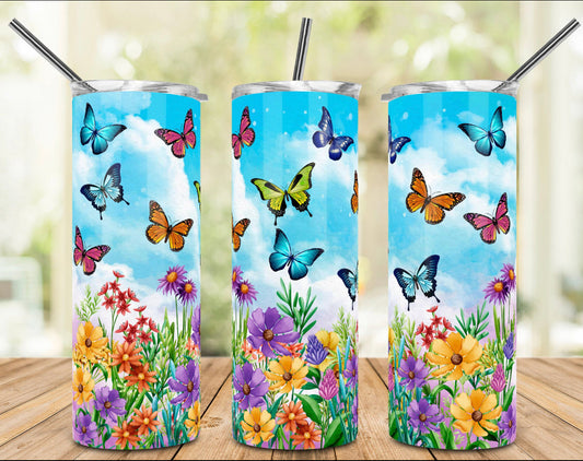 Butterflies and Flowers - 20oz or 30oz Skinny Tumblers w/ Lid and Metal Straw