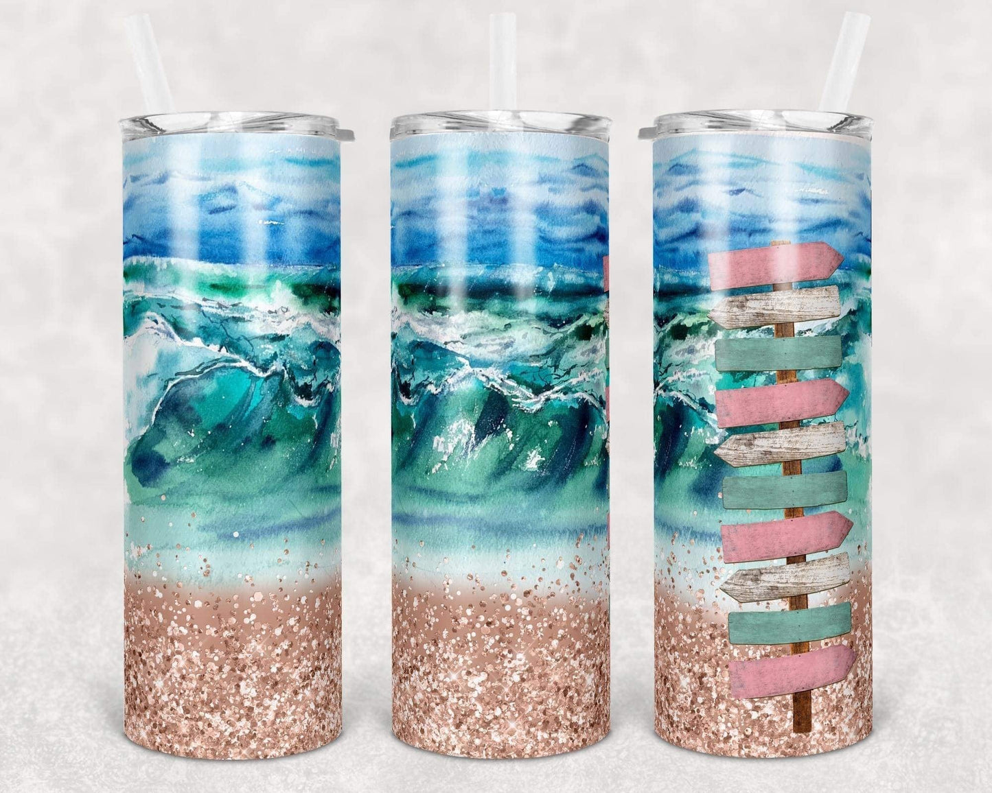 Seaside Directions  - 20oz or 30oz Skinny Tumblers w/ Lid and Metal Straw