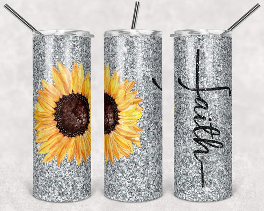 Silver Faith Glitter Sunflower - 20oz or 30oz Skinny Tumblers w/ Lid and Metal Straw