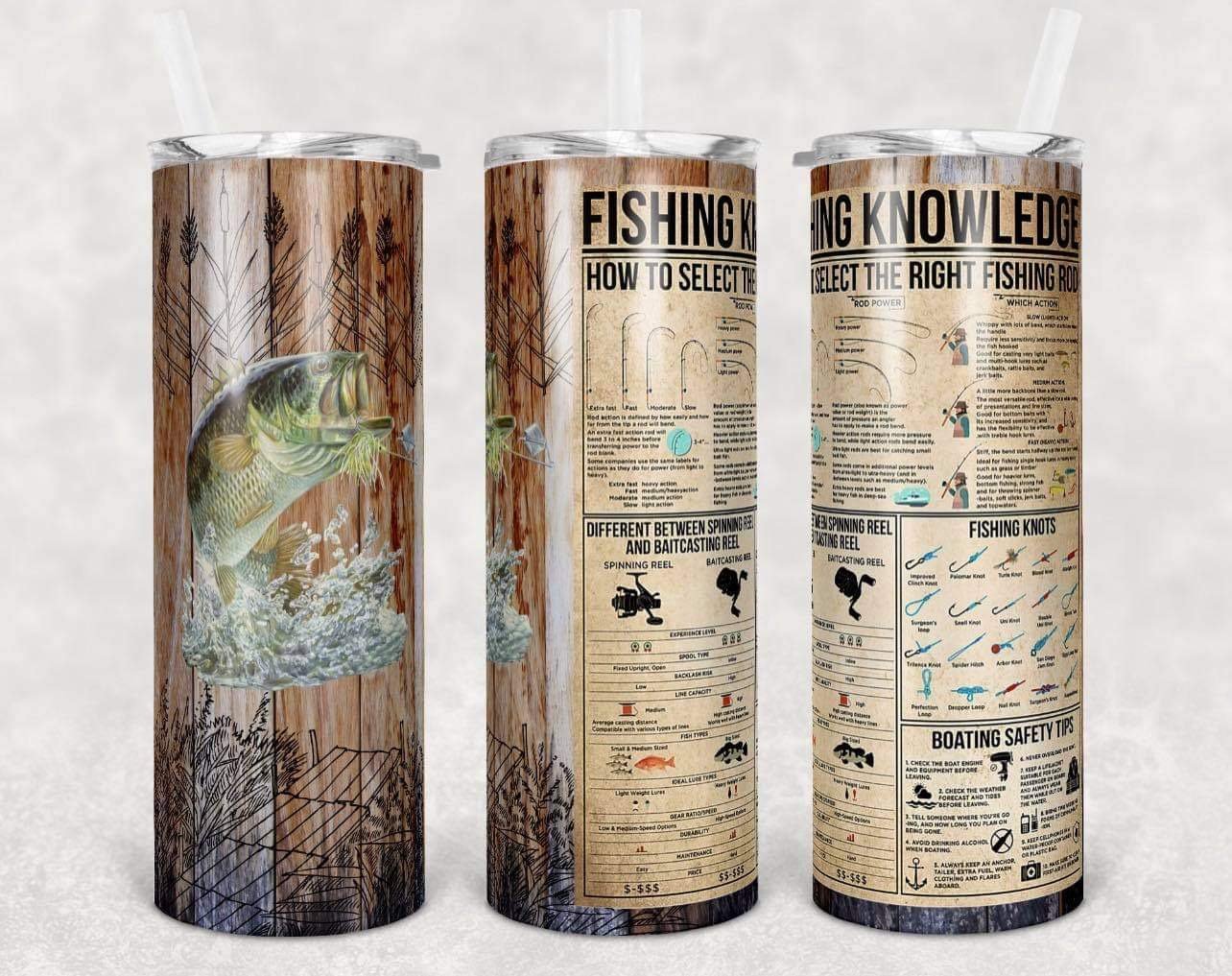 Wood Fishing Knowledge Green Fish - 20 oz or 30oz Skinny Tumblers w/ Lid and Metal Straw