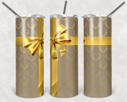 Holiday Gold Gift Wrap - 20oz or 30oz Skinny Tumblers w/ Lid and Metal Straw