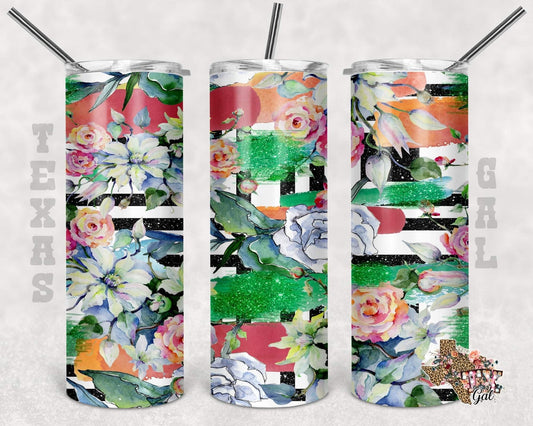 White, Black & Green floral -  20oz or 30oz Skinny Tumblers w/ Lid and Metal Straw