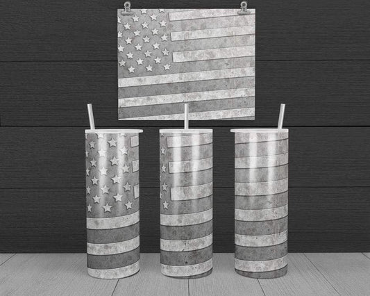 Gray American flag - 20 oz or 30oz Skinny Tumblers w/ Lid and Metal Straw