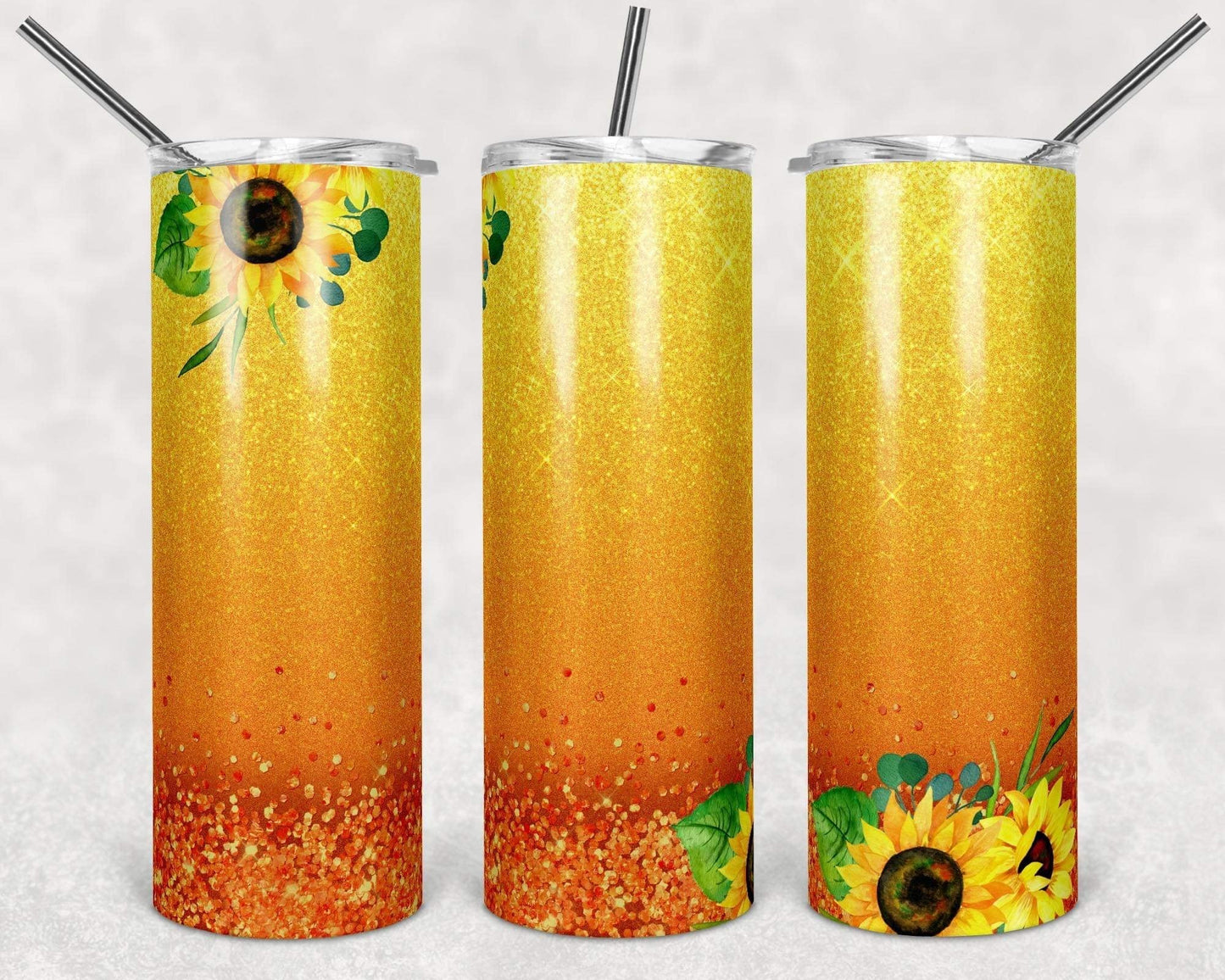 Ombré Glitter Sunflower - 20oz or 30oz Skinny Tumblers w/ Lid and Metal Straw