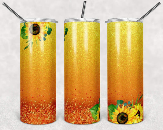 Ombré Glitter Sunflower - 20oz or 30oz Skinny Tumblers w/ Lid and Metal Straw