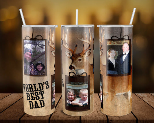 Deer Worlds Best Dad Pictures- 20 oz or 30oz Skinny Tumblers w/ Lid and Metal Straw